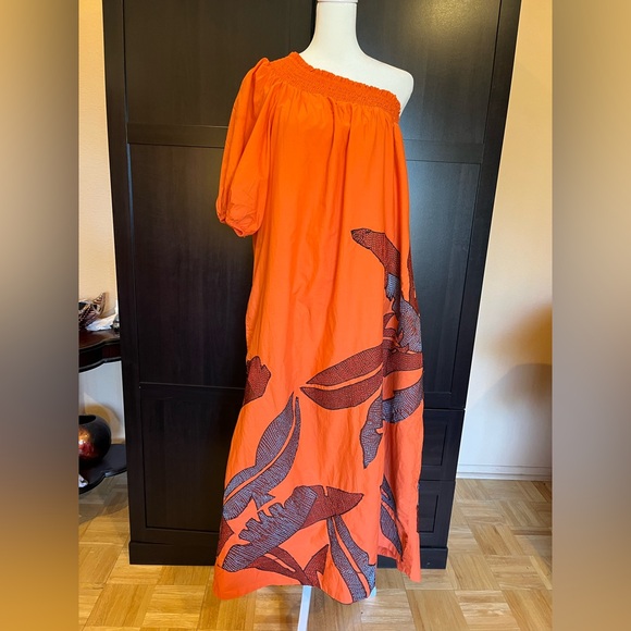 Anthropology One-Shoulder Embroidered Maxi Dress 2 pockets. 100% cotton Orange L - Picture 5 of 13
